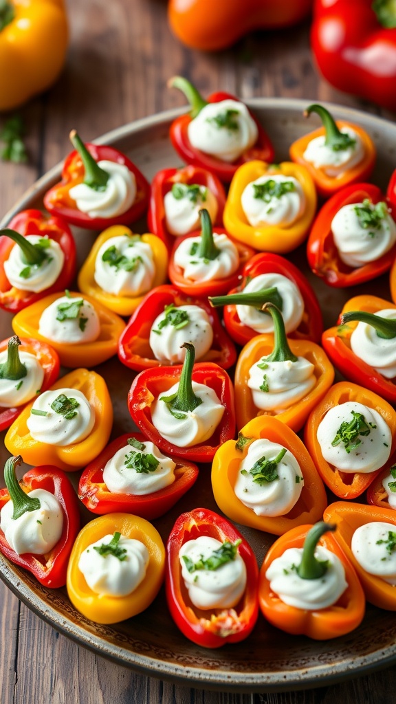 A platter of mini sweet peppers stuffed with cream cheese, garnished with herbs, on a wooden table.